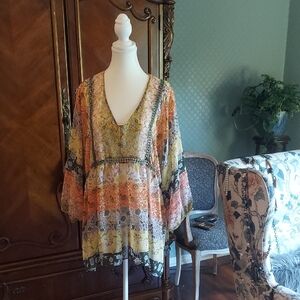 New Directions Orange and Yellow Floral Blouse